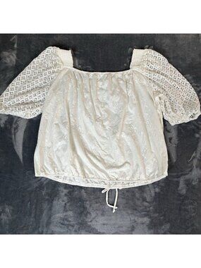 Womens Blouse Size 22/24 White Floral Eyelet Pullover Top Square Neck Beach